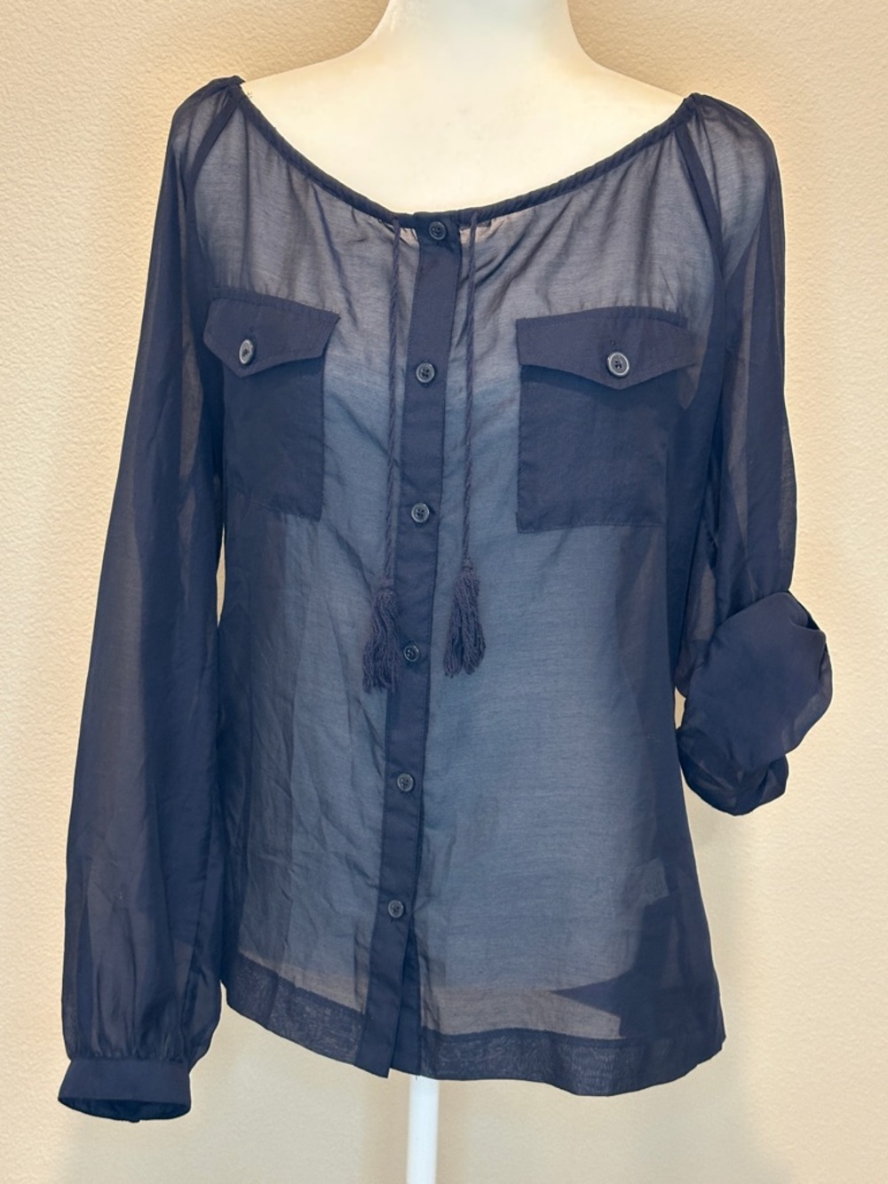 Banana Republic Navy Sheer Button-Front Blouse